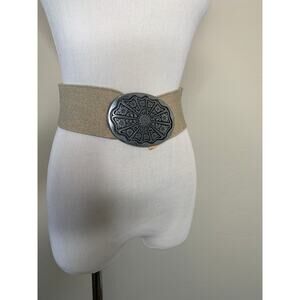 Silver Western Floral Oval Belt Buckle Stretch Band Leather End One Size